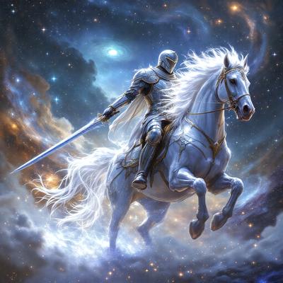 Primary subject: A knight riding a white horse.

Setting/background: The knight is riding the horse through a cloudy sky, with a backdrop of stars.

Visual style: The image is a digital art or illustration.

Colors and mood: The image has a blue and white color scheme, giving it a serene and majestic atmosphere.